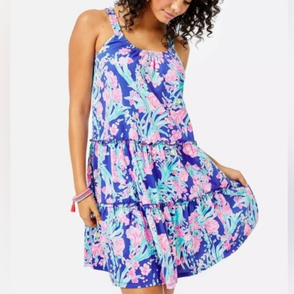 Lilly Pulitzer Loro Swing Dress Corsica Blue Toucan Party Tiered Floral Size XS
